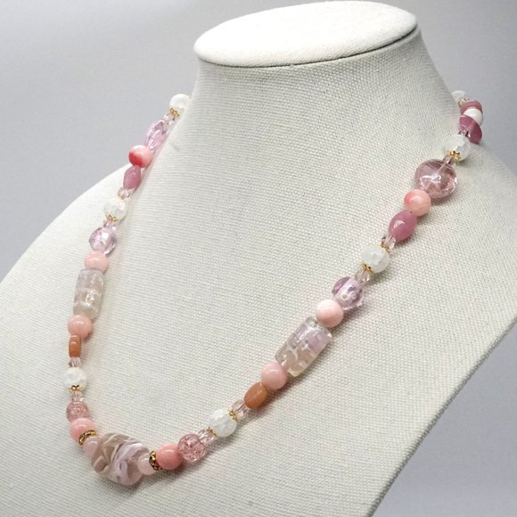 Necklace Hand Blown Glass Beads Pink Beige White Coral Beads Rhinestones - Picture 2 of 3